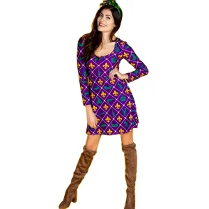 New Orleans Mardi Gras Fleur De Lis Printed Skater Dress Long Sleeve Holiday Outfit