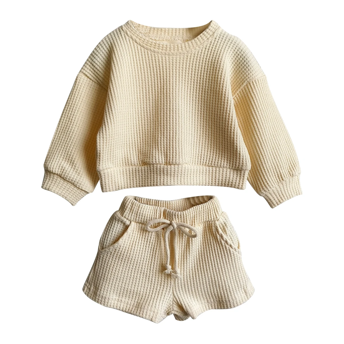 New Arrival Waffle Cotton Solid Color Long Sleeve Shorts Fallow Baby Clothing Sets for Autumn - Image 3