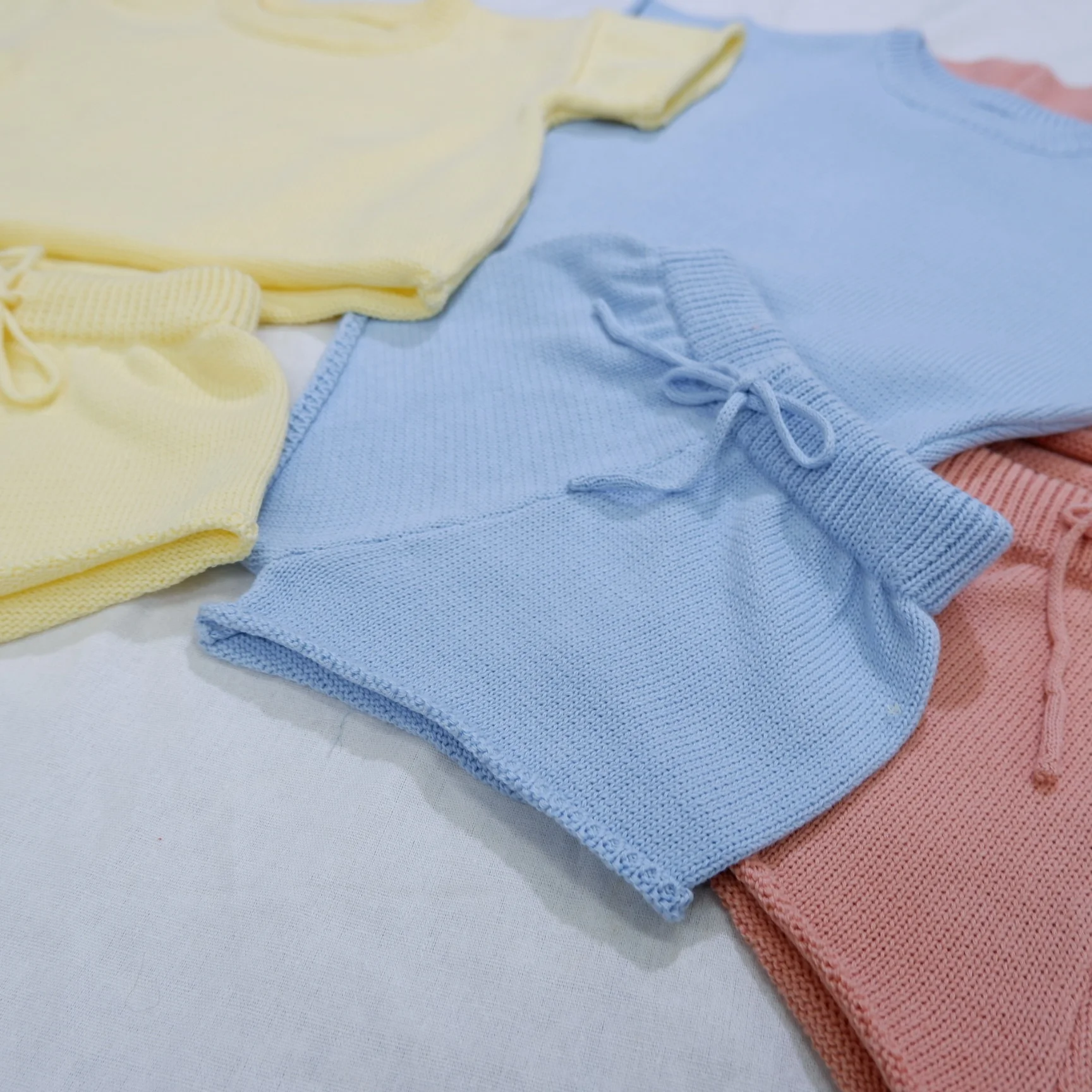 Cotton Knit Two Piece Set Custom Short Sleeve Sweater and Shorts Set Colorful Summer Roll Hem Shorts - Image 4