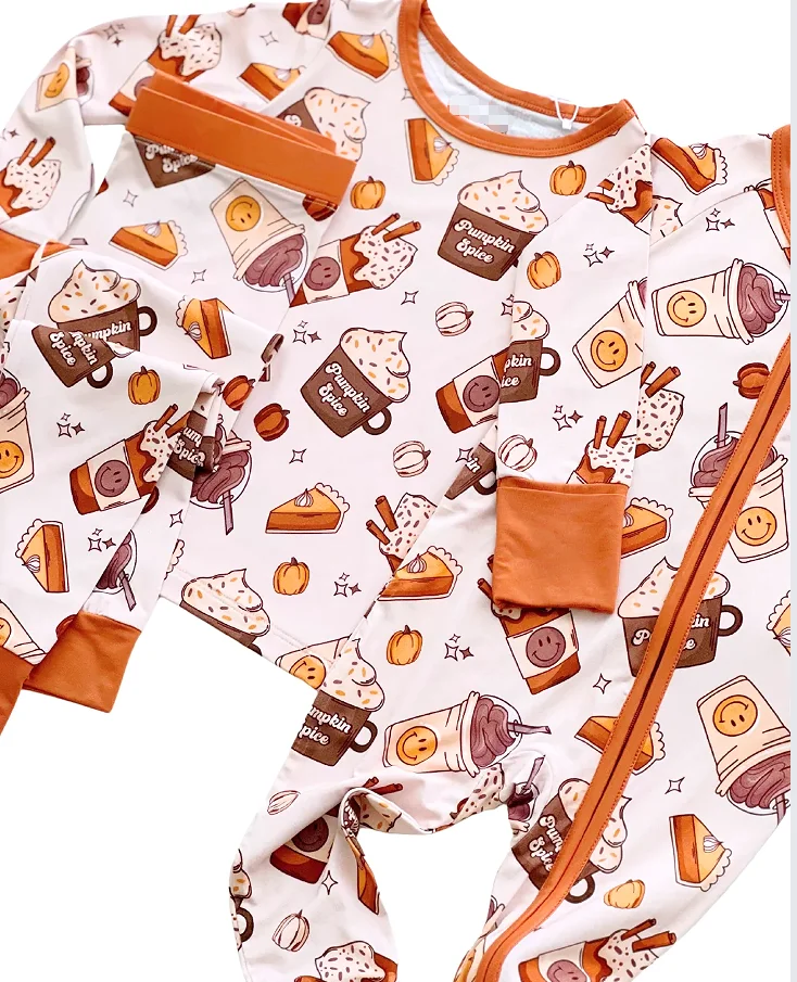 Custom Bamboo Baby Soft Pajamas Pumpkin Spice Toddler Foldable Cuff Jumpsuit 2-way Zipper Baby Rompers - Image 3