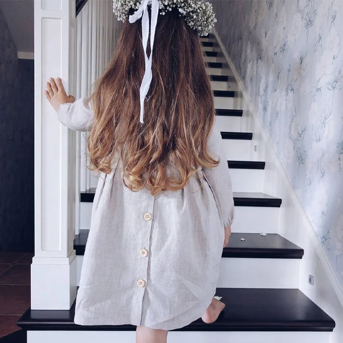 Custom Spring and Autumn Baby Girl Different Sizes Color Linen Wooden Buttons on the Back Long-sleeved Dress - Image 4