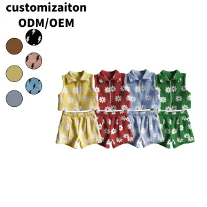 Custom Towel Cotton Fabric Toddler Baby Clothing Vest and Shorts Flower Sets Sleeveless Tops and Shorts Outfits