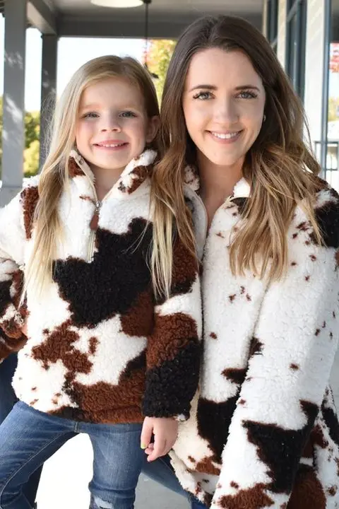 RTS Mommy and Me Jacket Kids Girls Boys Cow Print Sherpa Pullover Zipper Thicken Warm Long Sleeve Fleece Coat for Winter - Image 2