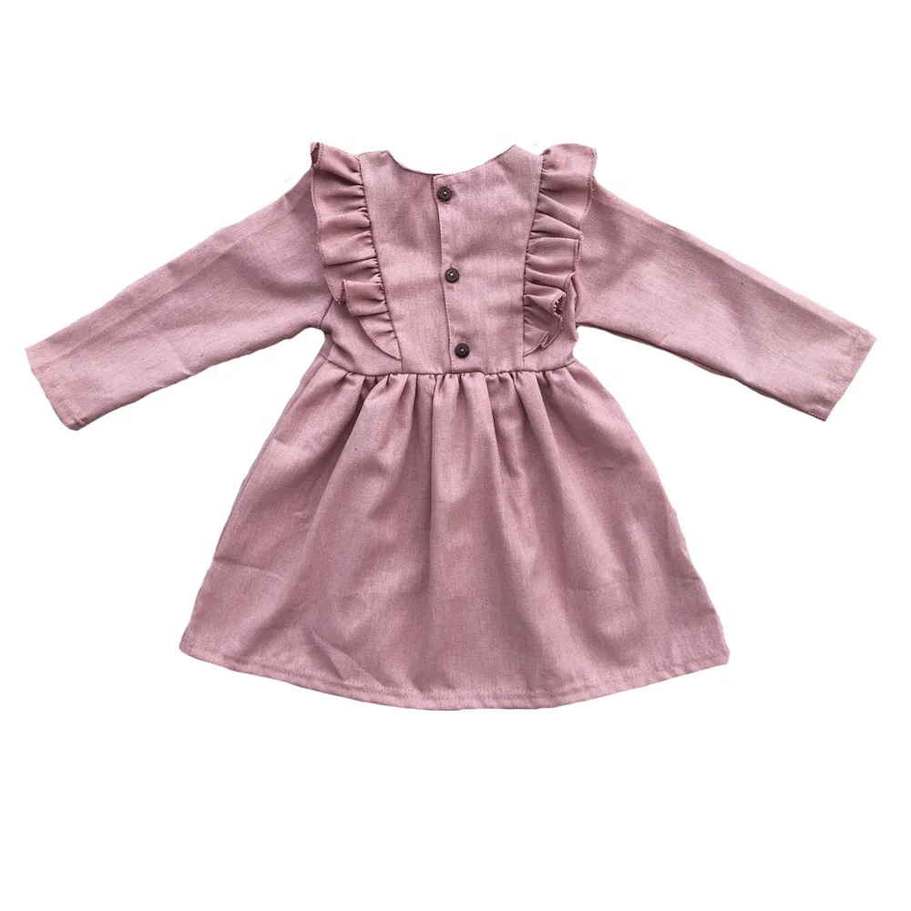 Custom Little Baby Girl Linen Cotton Blend Long Sleeve Ruffle Shoulder Dresses - Image 2