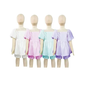 Custom Baby Girl Short Sleeve Back Smock Top with Short Linen 2pcs Kids Bubble Clothes Set