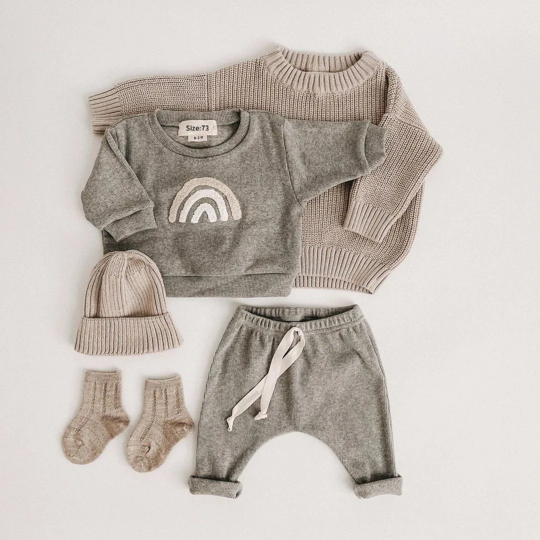 In Stock Autumn Winter Baby Long Sleeve Embroidery Clothing Set Sweatshirt and Trouser Kids Tracksuits with Knitted Hat 3pcs - Image 5