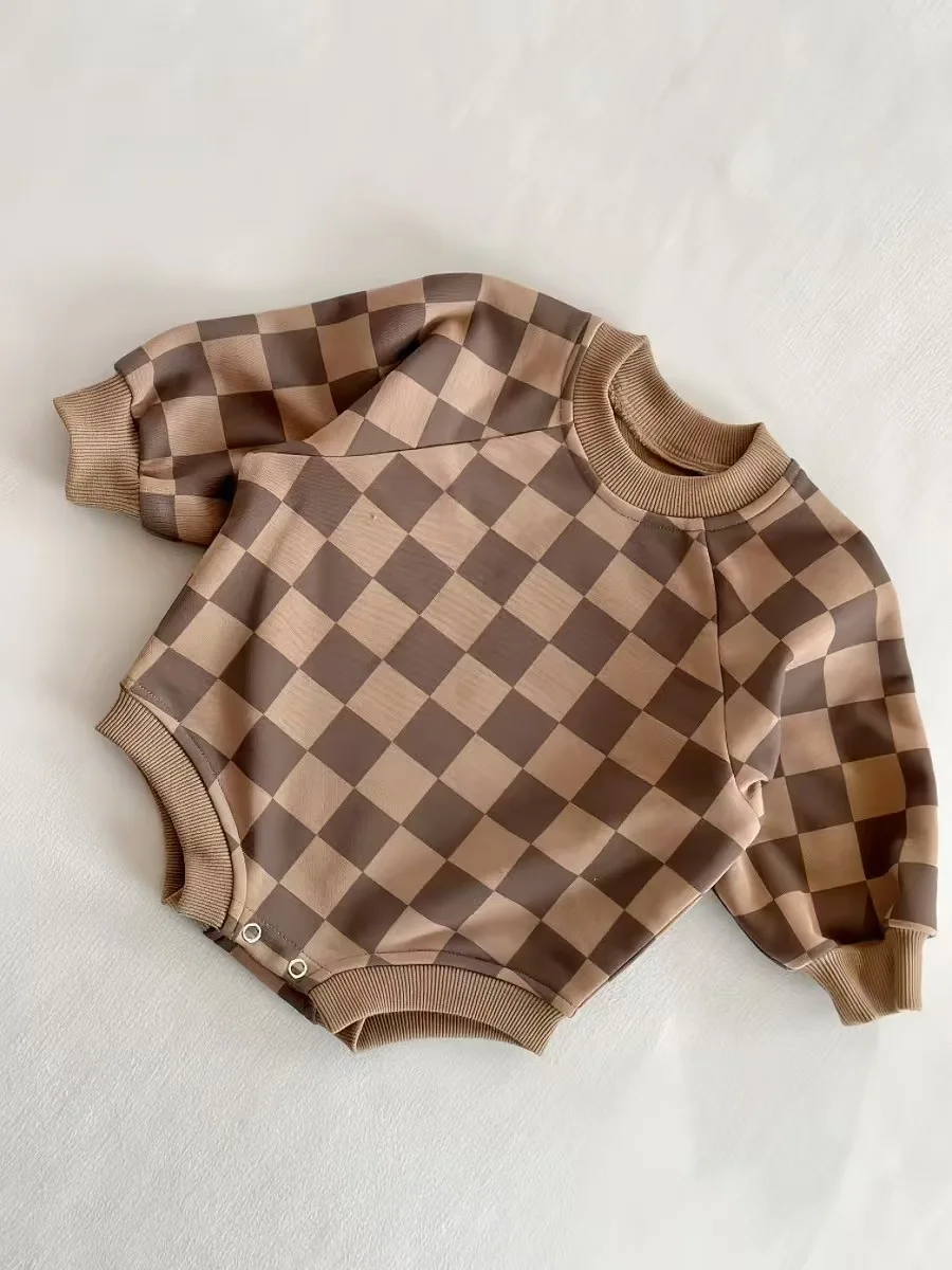 Custom Baby Unisex Long Sleeve Oversized Crewneck Sweatshirt Romper Boys Girls French Terry Checkerboard Bubble Romper - Image 2