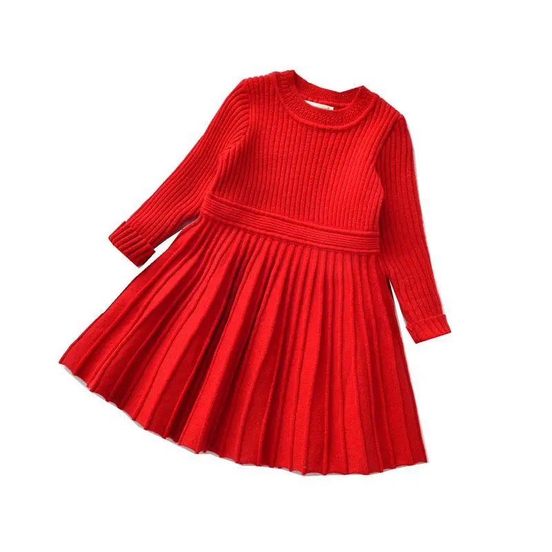 Wholesale New Style Girls Sweater Knitted Big Swing Skirt Pleated Bottoming Skirt Solid Color Dress