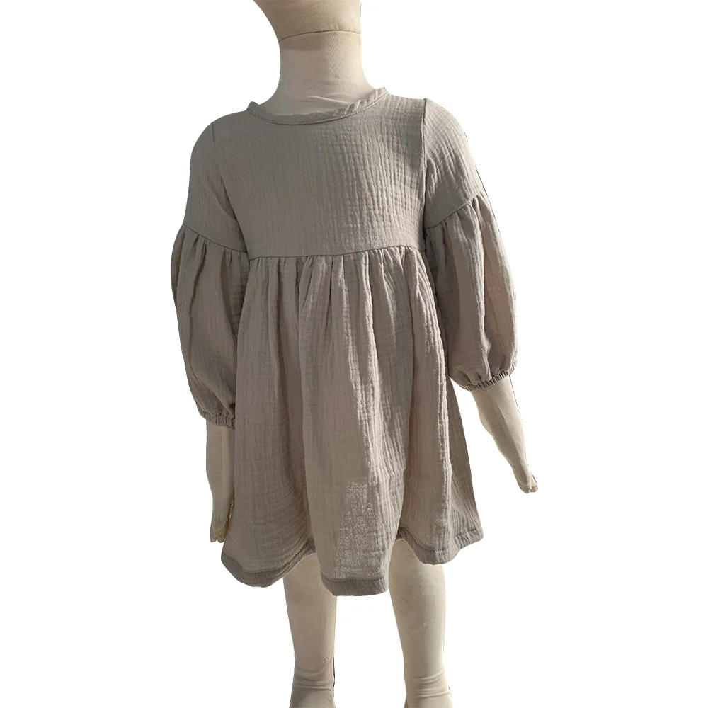 Classic Design Muslin Cotton Solid Color Long Sleeve Causal Baby Summer Dresses for Girls - Image 4
