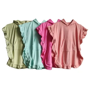 Terry Cloth Kids Beach Poncho Ruffle Towel with Pocket Summer Pool Coverups Children Hooded Beach Towel