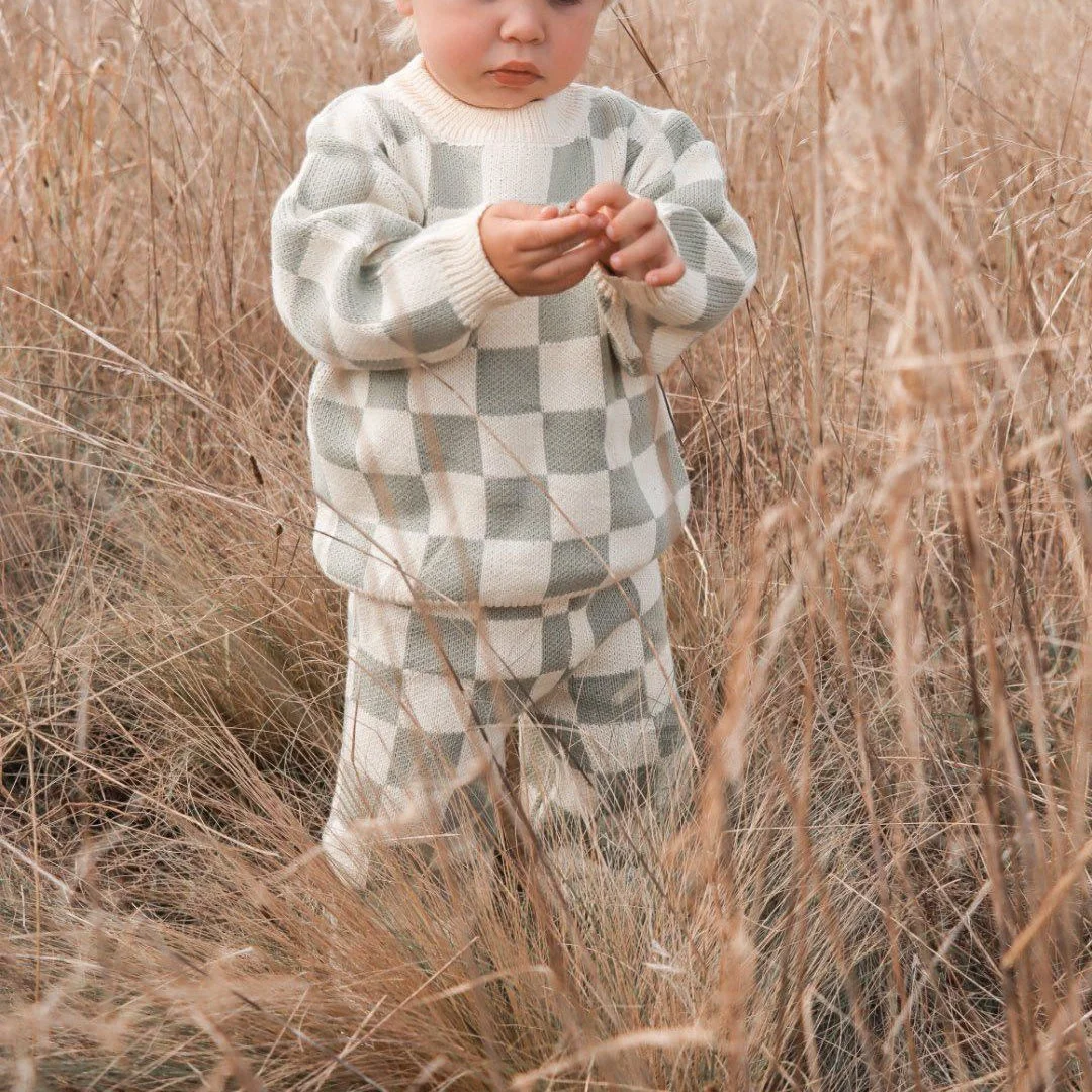 Custom Baby Sweater Winter 100% Cotton Checkered Knit Casual Knitwear Clothes Set - Image 5