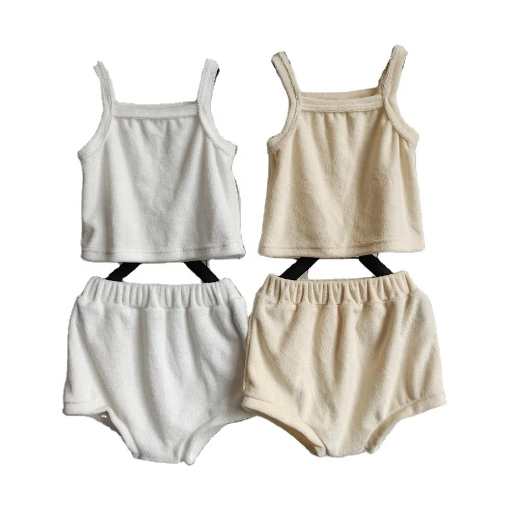 Factory Custom Summer Baby Kids Terry Towel Clothes Set Sleeveless Top with Shorts tank Suit