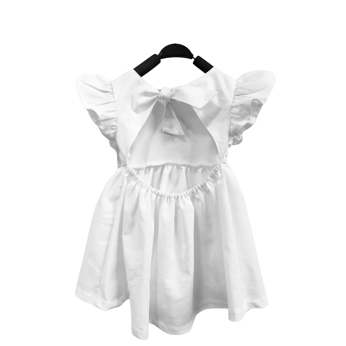 Modern Style Linen Cotton Girl Dresses Summer Casual O-Neck Bow Custom Pattern Solid Color Ruffle Sleeves Children - Image 2