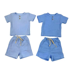 Custom crepe solid color kids summer short-sleeved suit button short-sleeved T-shirt shorts two-piece suit