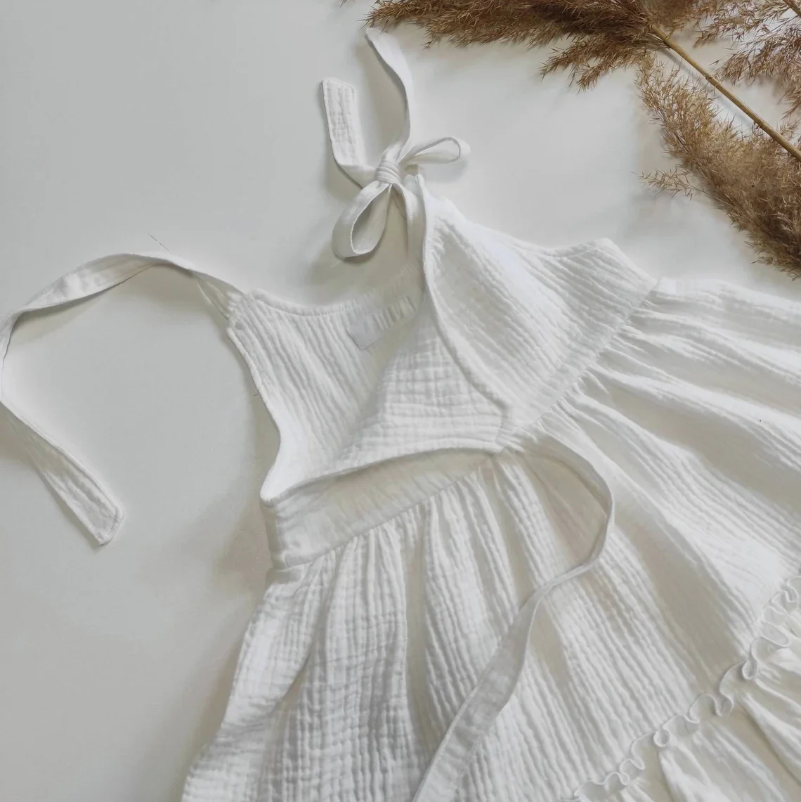 Custom Baby Girl Soft Muslin Ruffle Dress Summer Knot Shoulder Cute Dress - Image 4