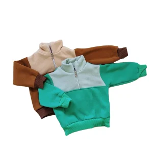 Top Sale Unisex Kids Baby Color Block Quarter Zip Pullover Sweatshirt French Terry Baby Coat