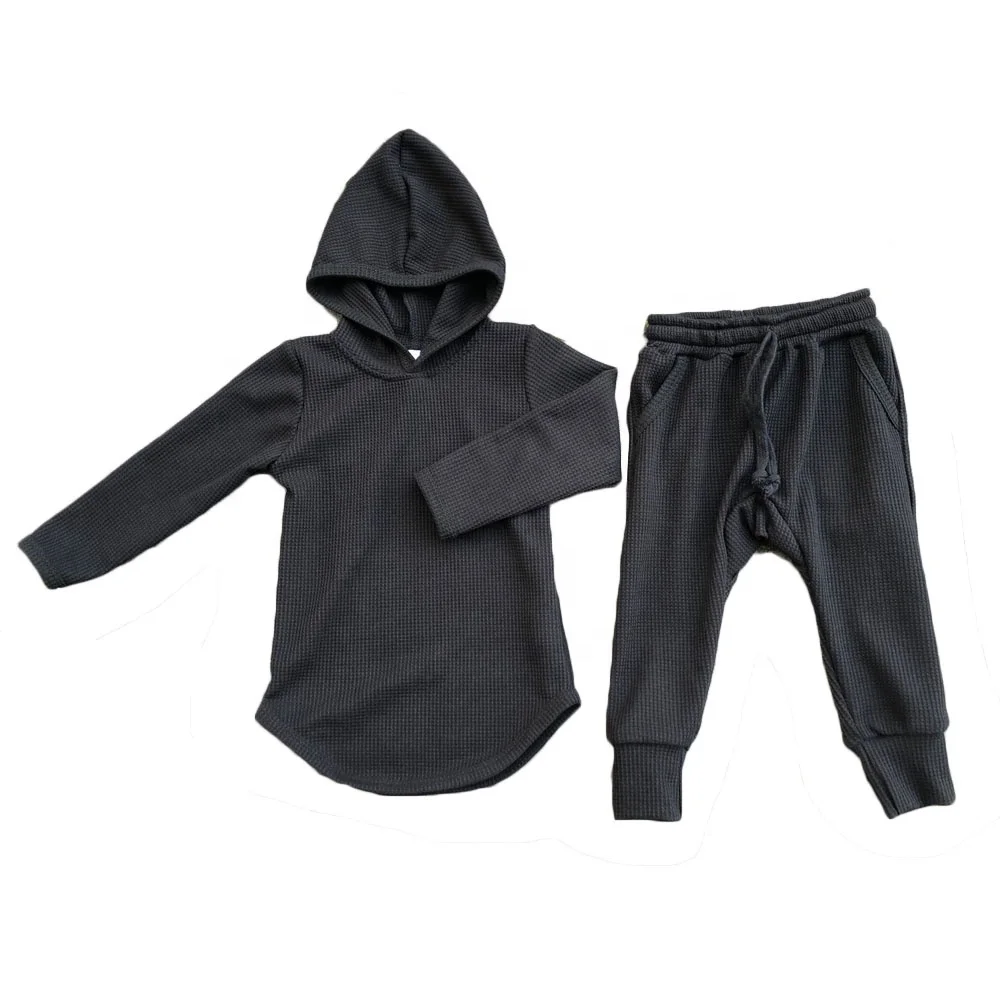 Custom Waffle Cotton Fall Soft Baby Two Piece Outfit Toddler Long Sleeve Hooded and Joggers Clothes Set - Image 3