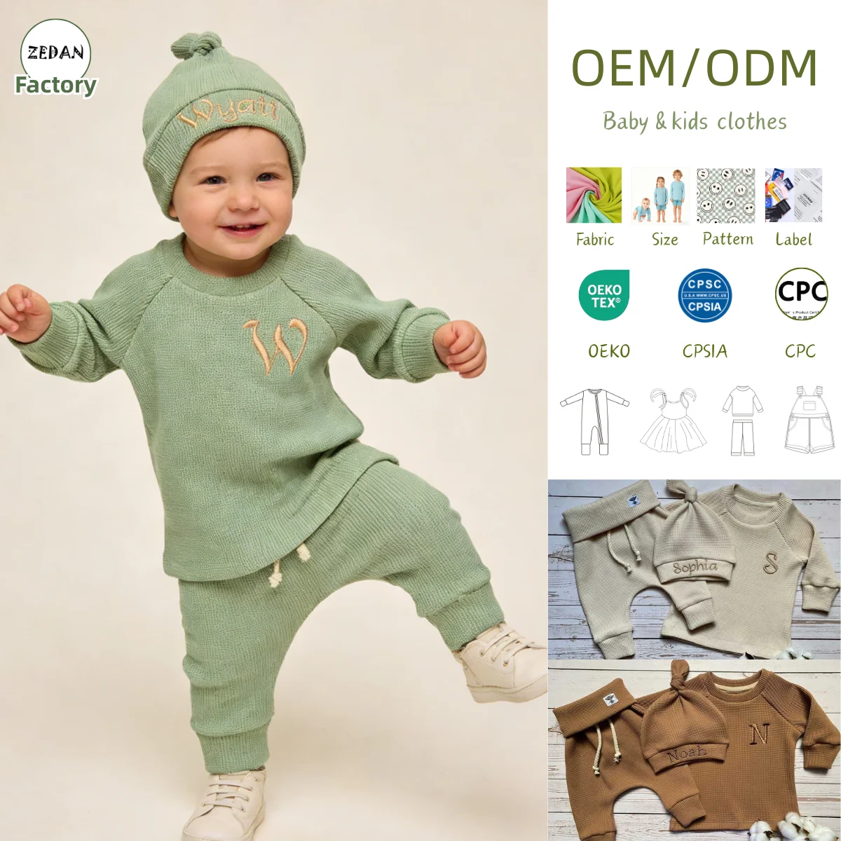 High Quality French Terry Solid Color Embroidery Long Sleeve Baby Clothing Sets Kids Clothes Set Baby Clothing for Autumn