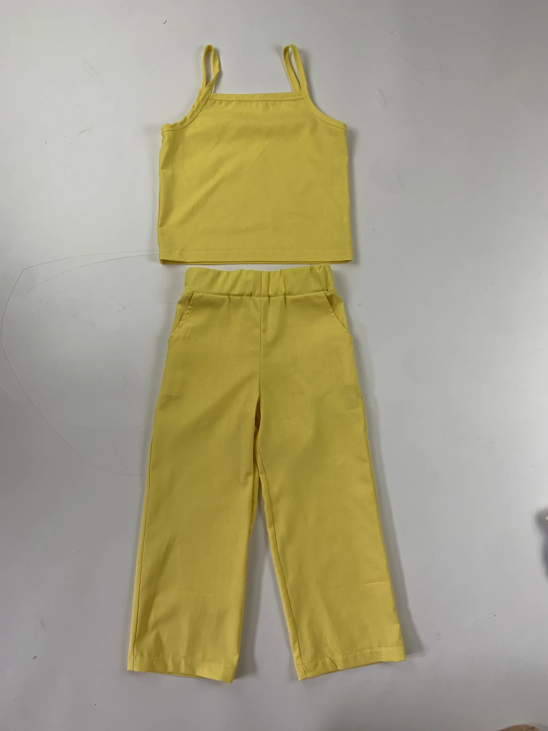 Custom New Design Solid Color Cotton Linen Casual Sleeveless Kids 2 Piece Clothes Set - Image 2