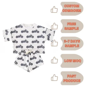 New Arrival Summer Kids Neutral Motorcycle Print Ride Shorts Set 95% Cotton 5% Spandex Oversized Style Toddler Clothing