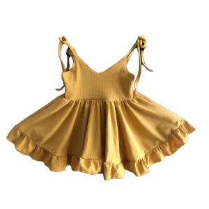 Custom Summer Baby Girl V-neck Knitted Cotton Dress Backless Sleeveless Ruffle Dress