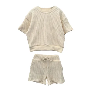 Factory Price Waffle Cotton Solid Color Short Sleeve Fallow Baby Clothing Sets for Summer