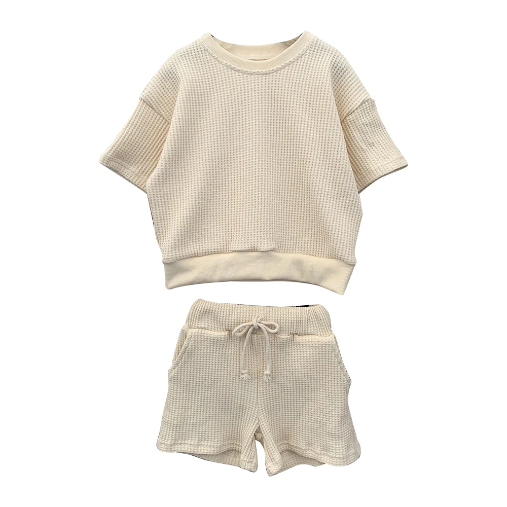 Factory Price Waffle Cotton Solid Color Short Sleeve Fallow Baby Clothing Sets for Summer