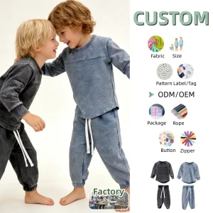 Custom Children's Hoodie Set Kids Clothes Set Spring and Autumn Baby Boys Clothes Long Sleeve Acid-wash Hoodie Set for 0-8T