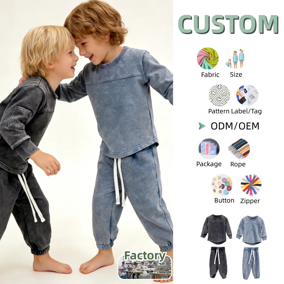 Custom Children's Hoodie Set Kids Clothes Set Spring and Autumn Baby Boys Clothes Long Sleeve Acid-wash Hoodie Set for 0-8T