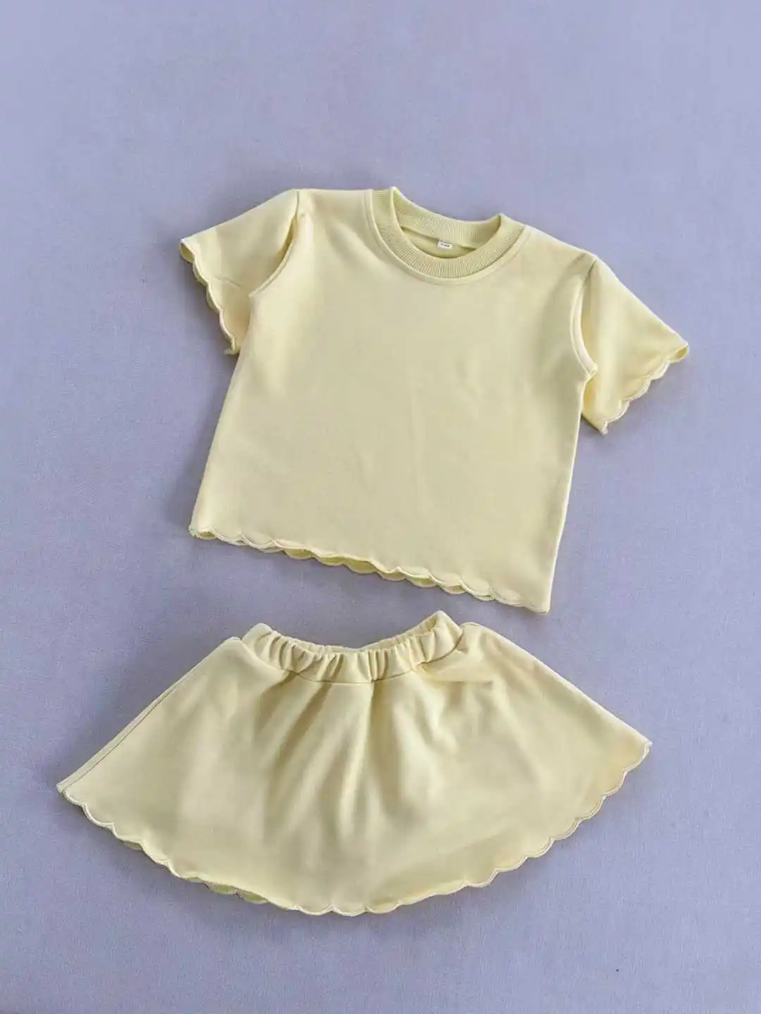 Top Selling Unisex Kids Candy Color Solid French Terry Scallop Sweatshirt Casual 2 Pcs Skirt Set for Baby Kids Kids Clothes Set - Image 4