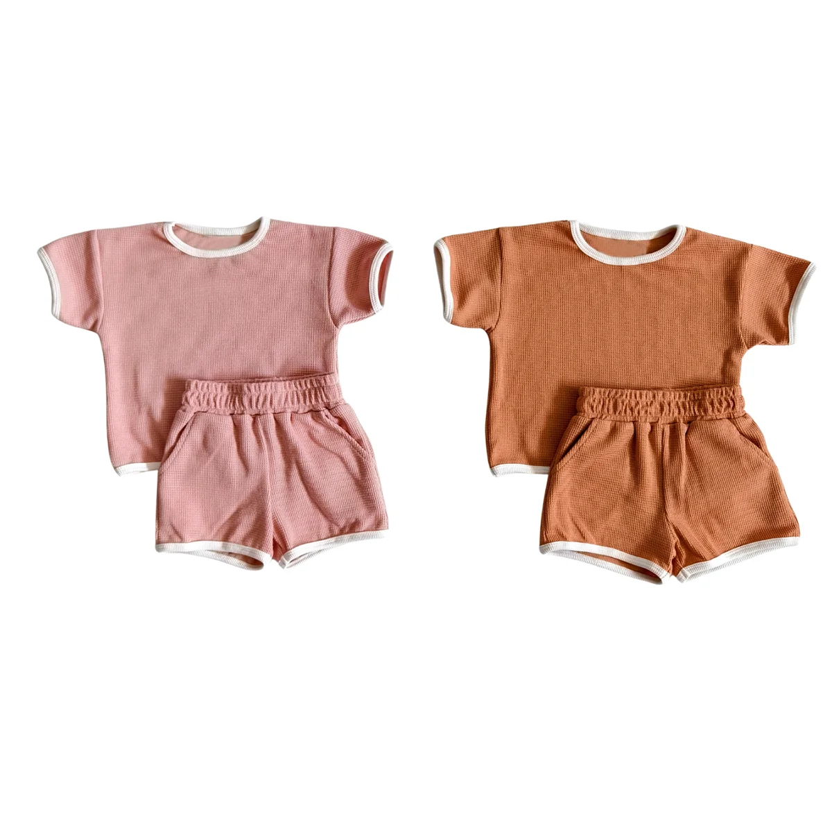 OEM Suit Set for Kids Summer Outfits Casual T Shirt and Shorts 2 Piece 100% Cotton Waffle Clothing Sets - Image 4