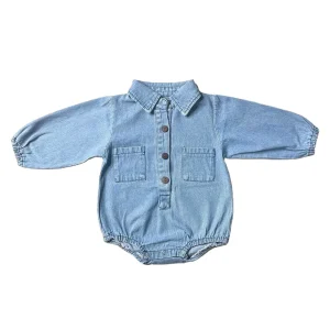 New Design Custom Infant Baby Denim Long Sleeve Bubble Pocket Button Romper Fall Baby Bodysuit
