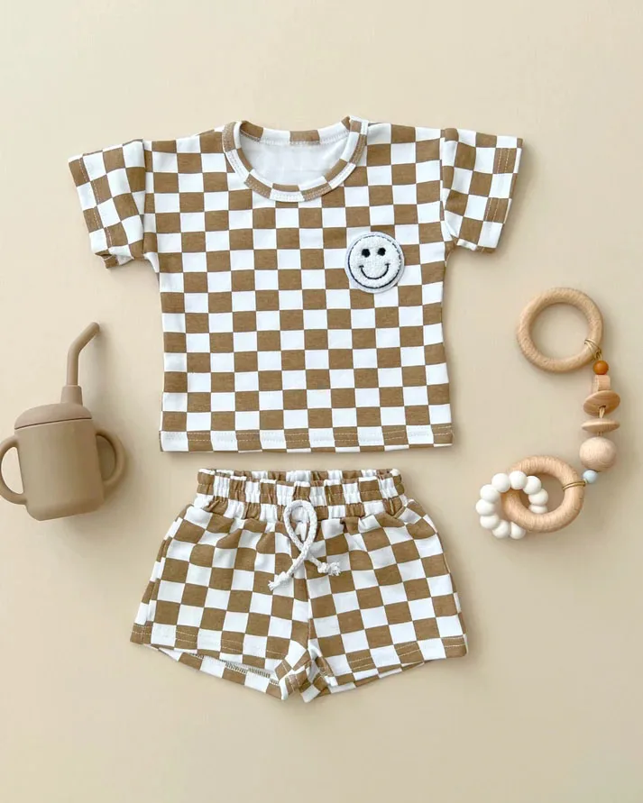 Checkerboard Print and a Little Smile Face Summer Baby Set Short Sleeve Shirt and Shorts Outfit - Image 4
