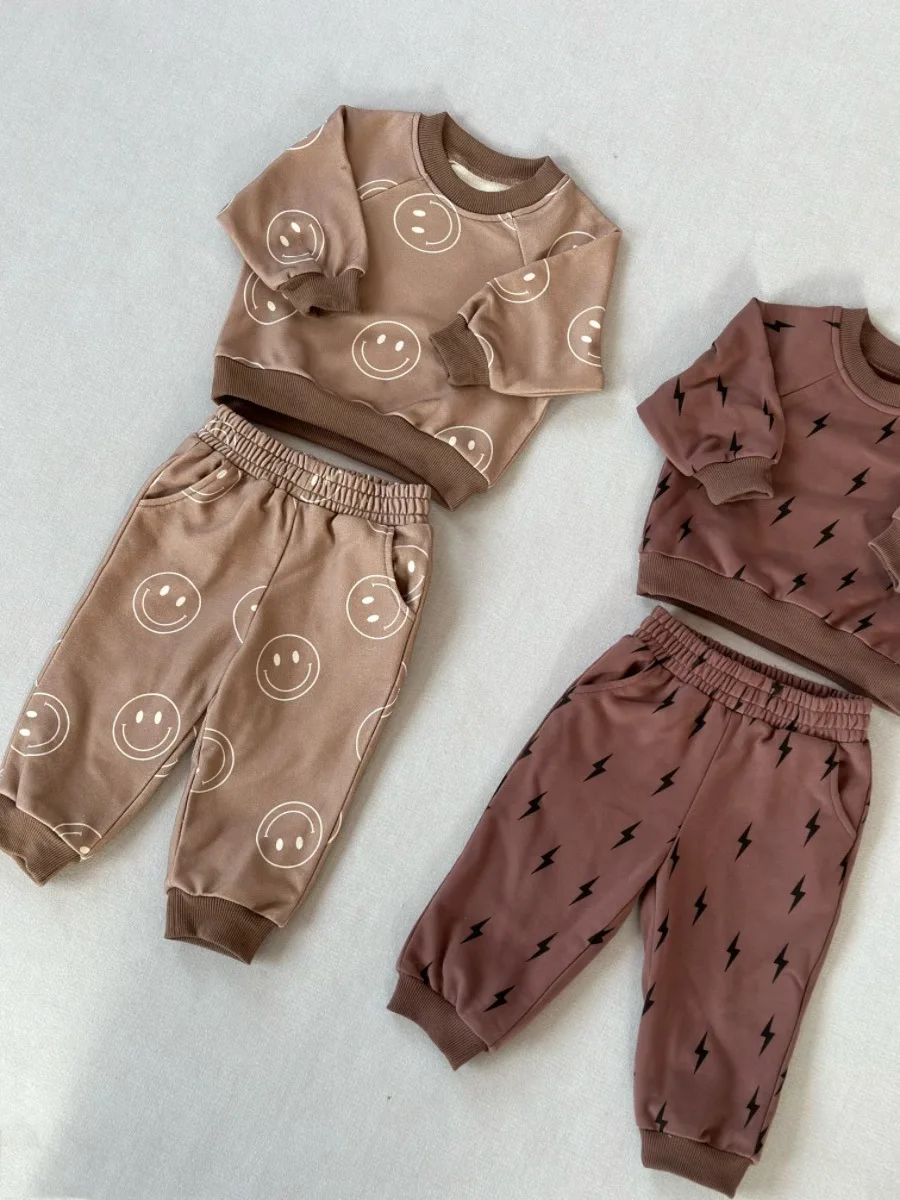 Ready to Ship Spring Autumn Children's Boys and Girls Set French Terry Lightning Print Casual High-quality 2-piece Set - Image 2