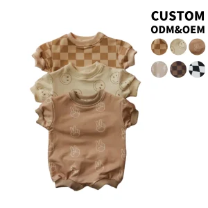 OEM Summer Unisex Checkboard lightning Short Sleeve Romper 95% Cotton 5% Spandex French Terry Jumpsuits