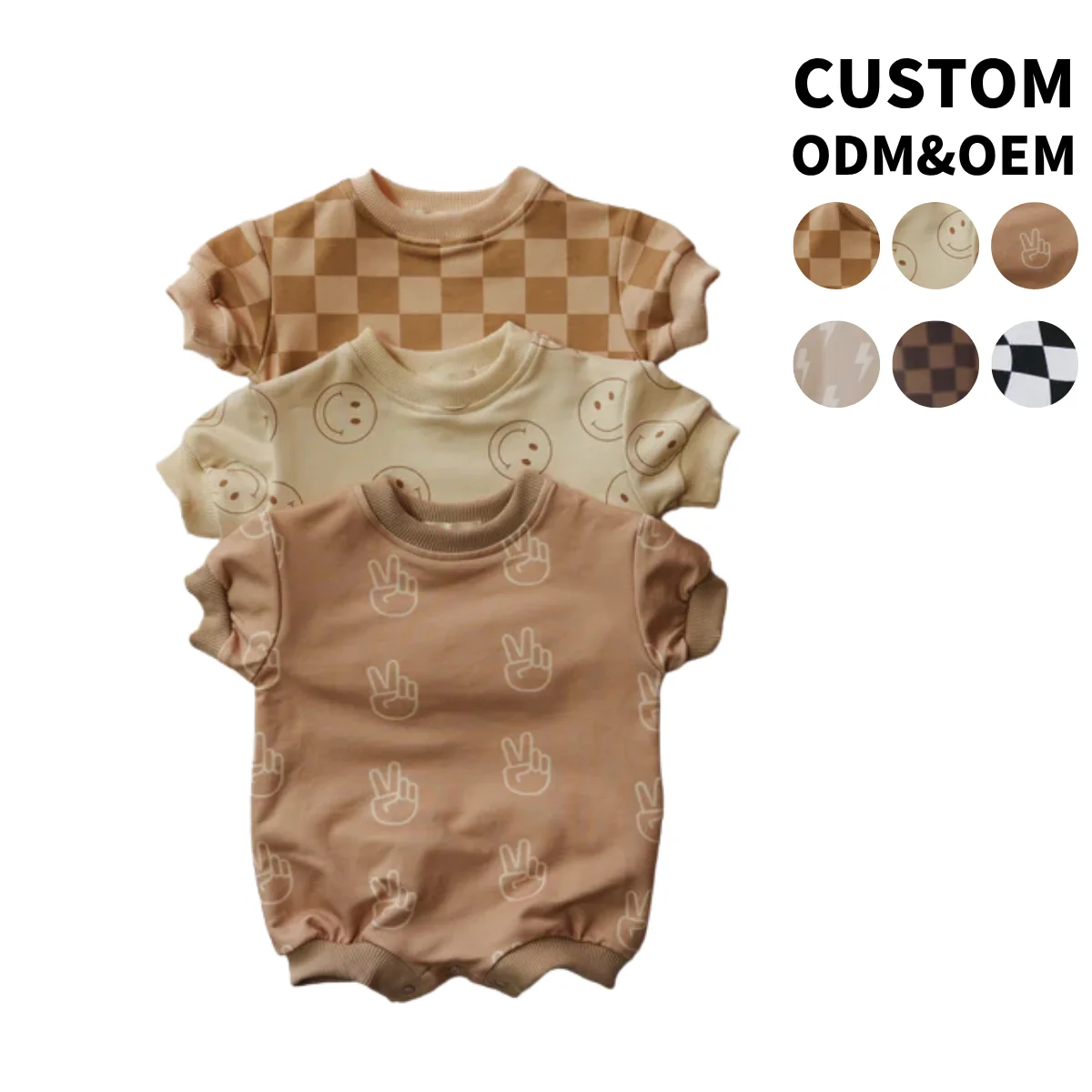 OEM Summer Unisex Checkboard lightning Short Sleeve Romper 95% Cotton 5% Spandex French Terry Jumpsuits