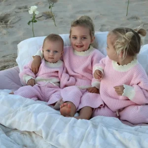 Adorable Custom 100% Cotton  Baby Sweater Floral Collar Hem Set Winter Long Sleeve Chunky Pullover  Kids Knit Set