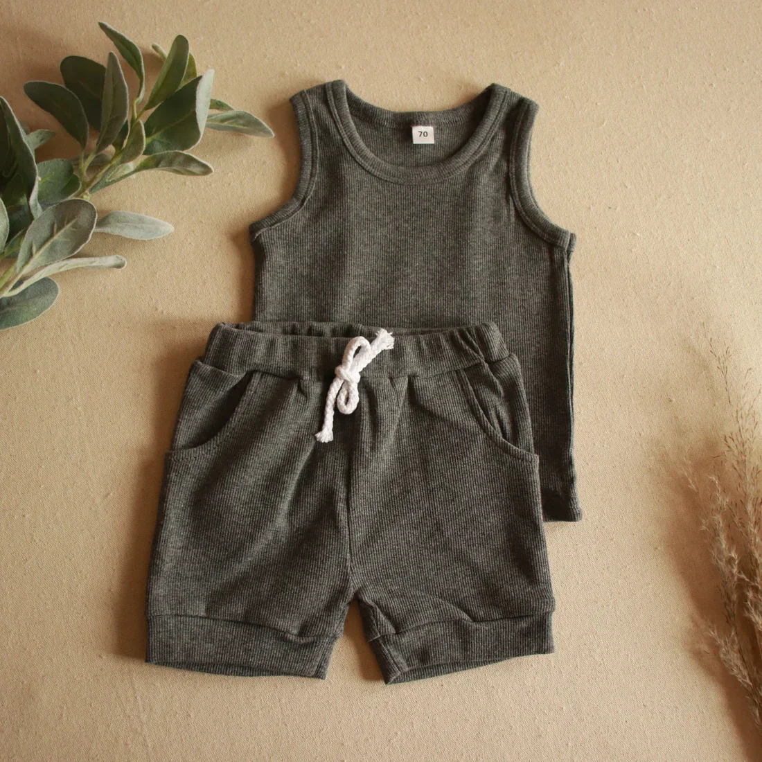 Custom Knitted Rib Cotton Solid Casual Sleeveless Unisex Baby Clothing Sets for Summer - Image 4