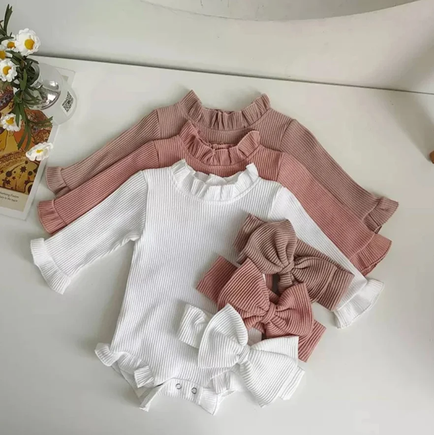 Baby Girl Romper & Bow Set Newborn Infant Ribbed Flared Sleeve Jumpsuit Baby Gift Newborn Cotton Bow and Romper Outfit - Image 3