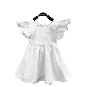 Modern Style Linen Cotton Girl Dresses Summer Casual O-Neck Bow Custom Pattern Solid Color Ruffle Sleeves Children
