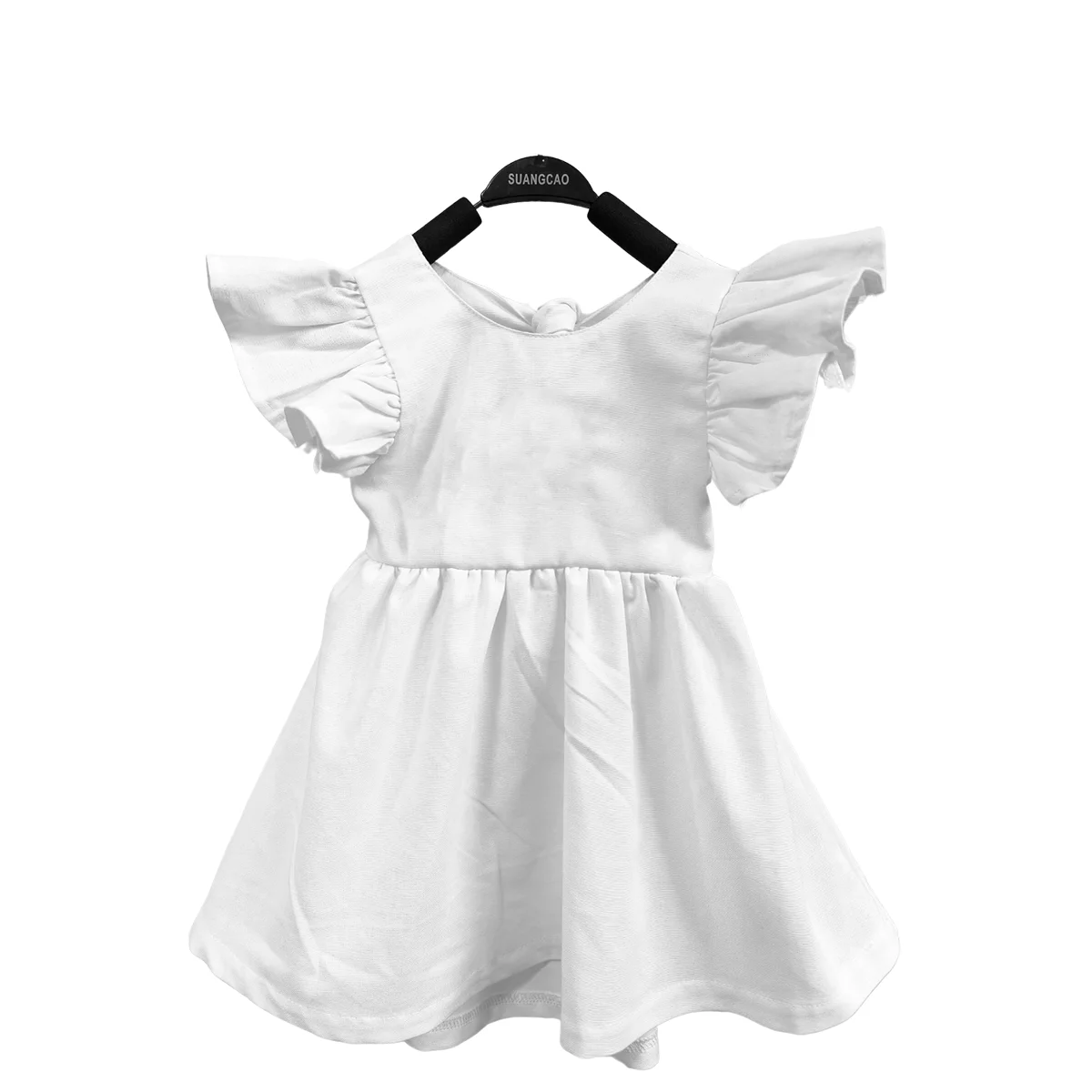 Modern Style Linen Cotton Girl Dresses Summer Casual O-Neck Bow Custom Pattern Solid Color Ruffle Sleeves Children