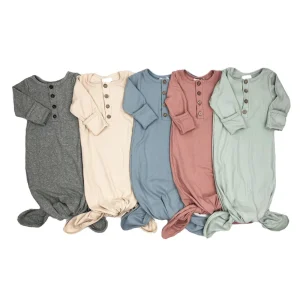 Unisex Wooden Buttons Long Sleeve Baby Gown Organic Cotton Baby Sleeper Baby Knotted Gowns 8 Colors