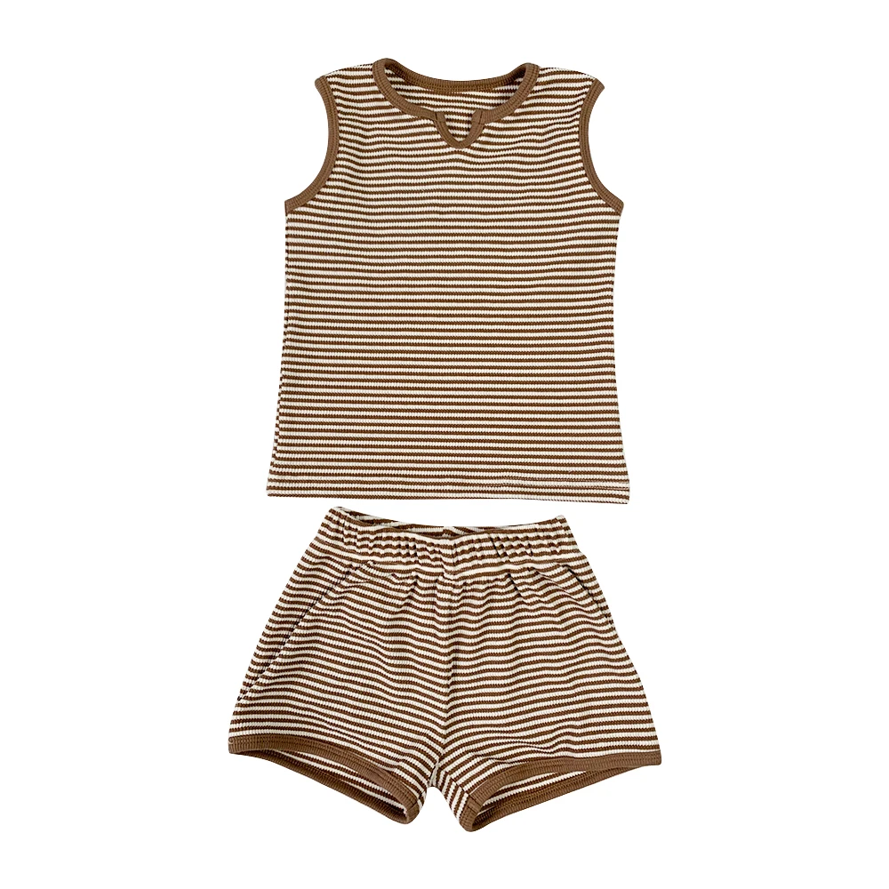 New Arrival Baby Toddler Summer Waffle Set Sleeveless Pocket Shirt and Shorts Custom Color Neutral Baby Outfit - Image 6