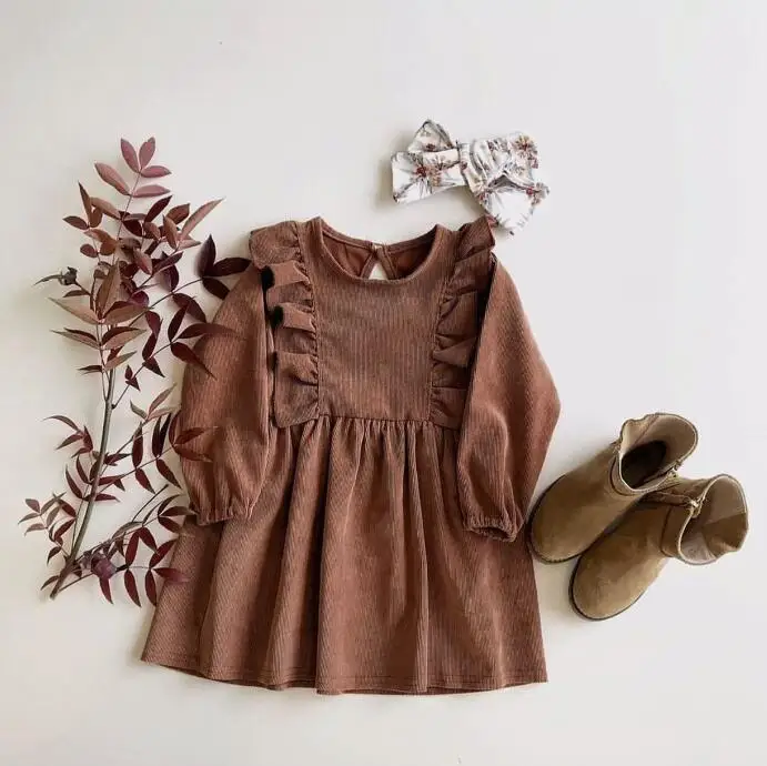 Girls Corduroy Dress Spring Toddler Kids Long Sleeve One Piece with Button A-line Ruffle Cotton Dress - Image 3