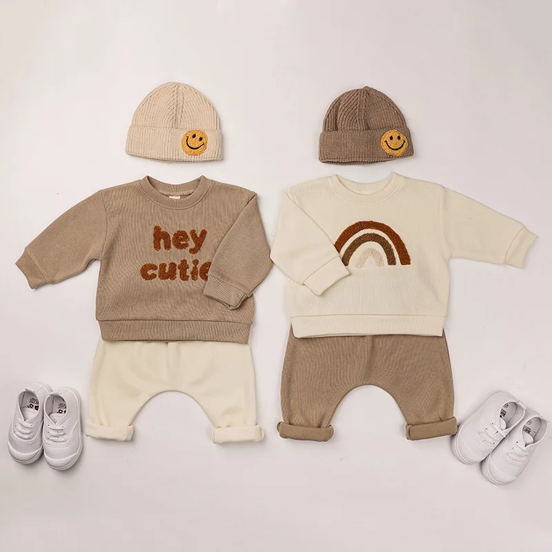 Ins Trendy Baby Spring and Autumn rainbow Letter Towel Embroidery Outfit Long Sleeve Sweatshirt and Trouser Kids Clothing Suit - Image 4