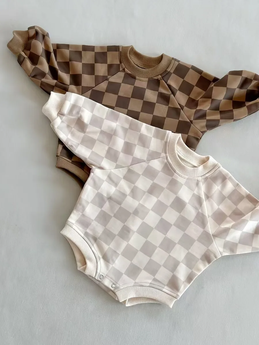 Custom Baby Unisex Long Sleeve Oversized Crewneck Sweatshirt Romper Boys Girls French Terry Checkerboard Bubble Romper - Image 4