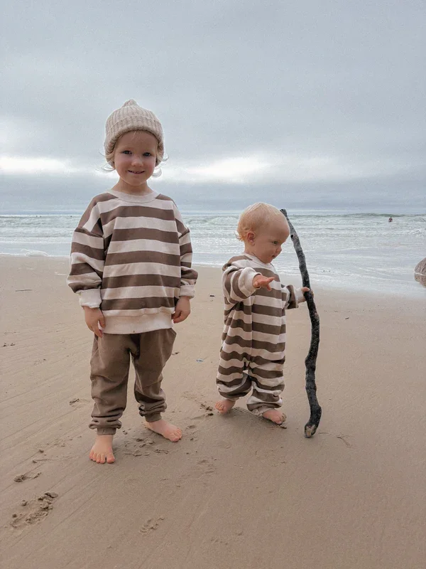 Striped French Terry Baby Toddler Crew Neck 100% Cotton Romper Outdoor Fit - Image 2