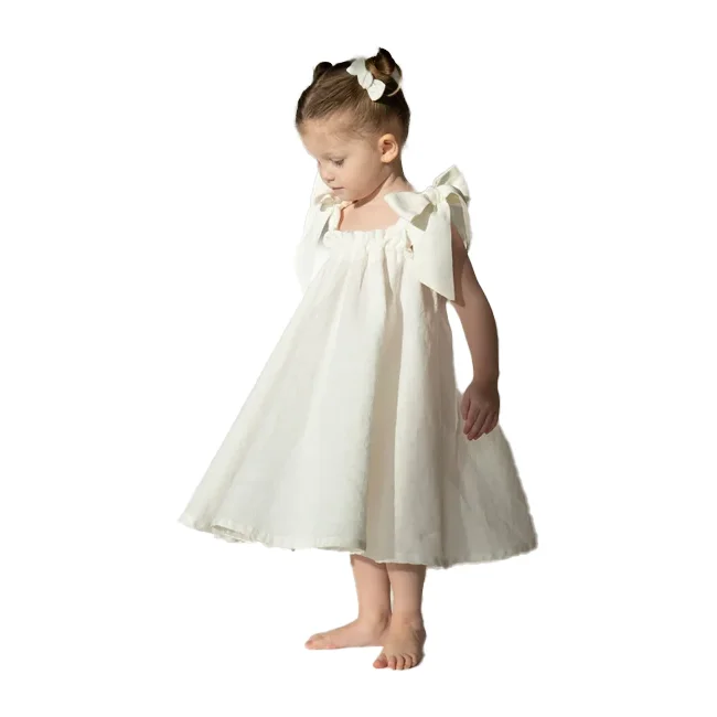Girls Strap Cute Dress Sleeveless Bow Flared Princess Dress Kids Linen Cotton Cute Ruffle Dress