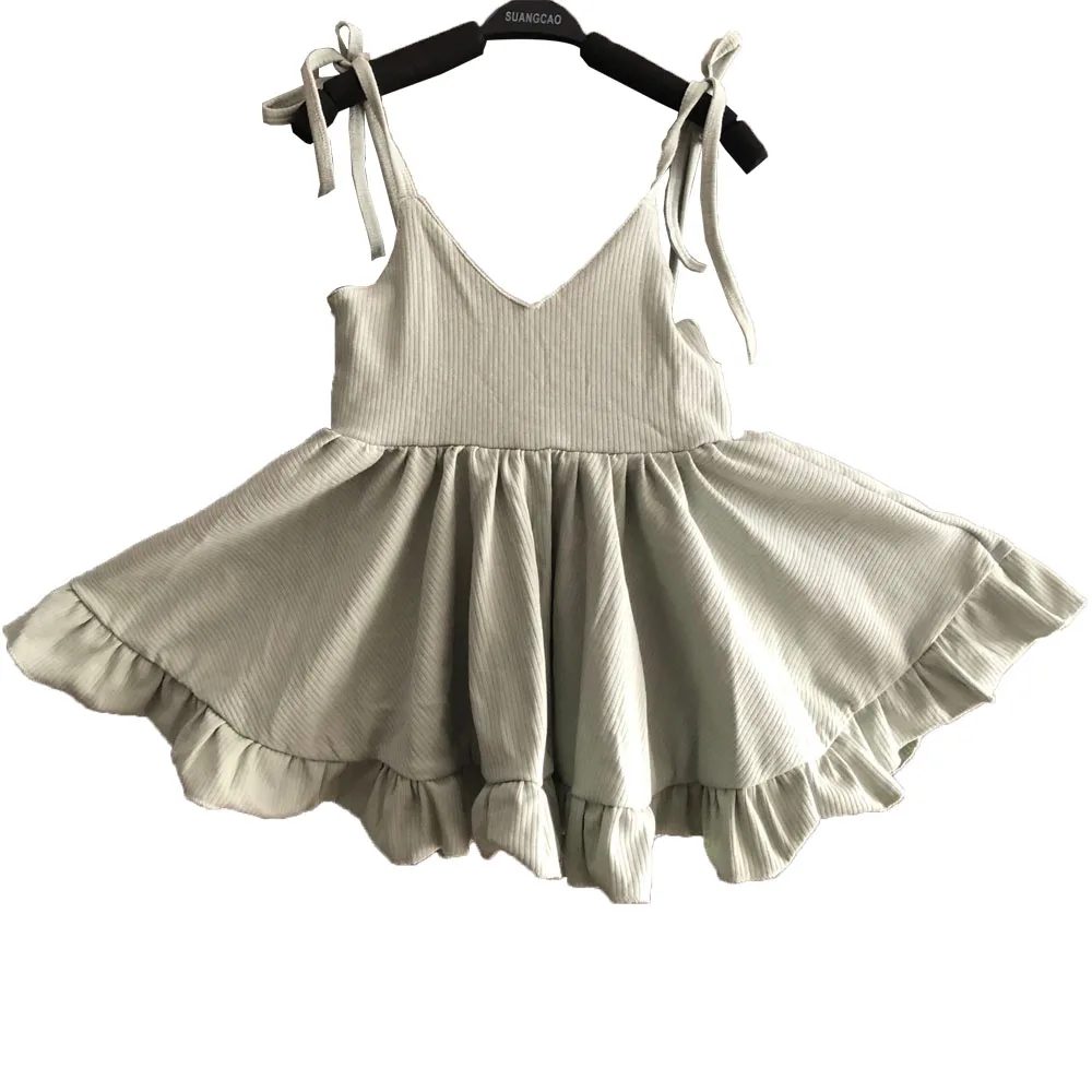 Custom Summer Baby Girl V-neck Knitted Cotton Dress Backless Sleeveless Ruffle Dress - Image 4