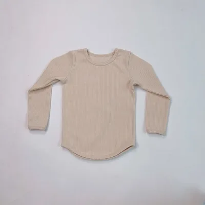 Custom Baby Toddler Elastic Ribbed Cotton Long Sleeve Unisex Casual Curved Hem T-shirts - Image 5